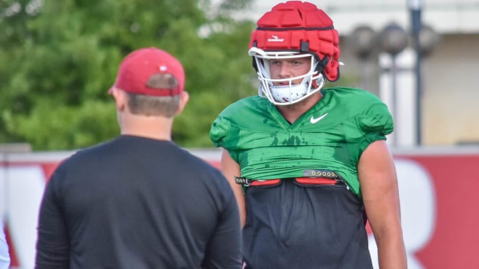 Tight end Blake Kern in a green jersey at practice Monday.